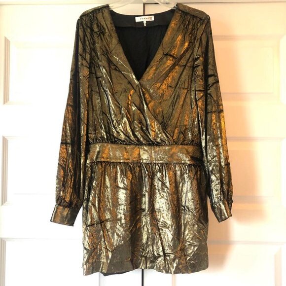 New FRAME Metallic Gold Lame' Velvet Long-Sleeve V-Neck Mini Dress 8 MSRP $595 - Picture 5 of 10